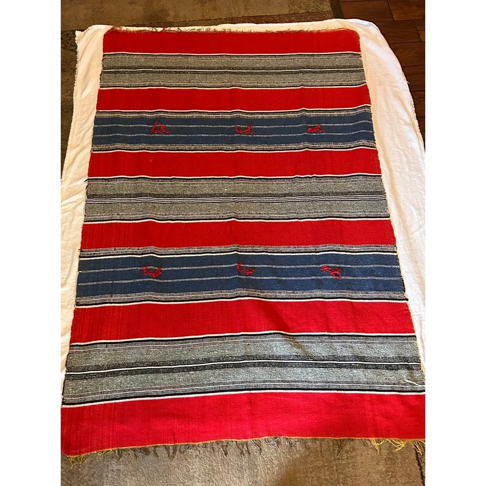 Vintage Turkish Kilim Handwoven Wool Blend Red Blue Striped Textile 6x4